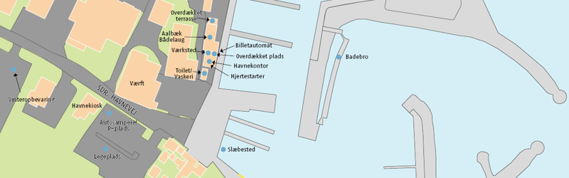 Billedet viser et oversigtskort over de faciliteter der findes på Aalbæk Havn