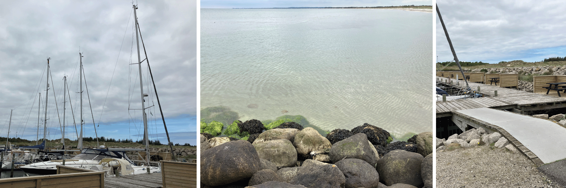 billedfrise med 3 fotos fra Ålbæk Havn - et med sejlskibe, et med strandens klare vand  og et med bord og bænksæt på havnekajen
